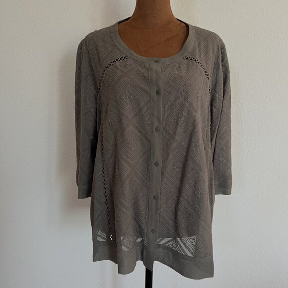 Wrap London Women's Size 14 Taupe Short Sleeve Binding Pointelle Knit Cardigan - Picture 1 of 11